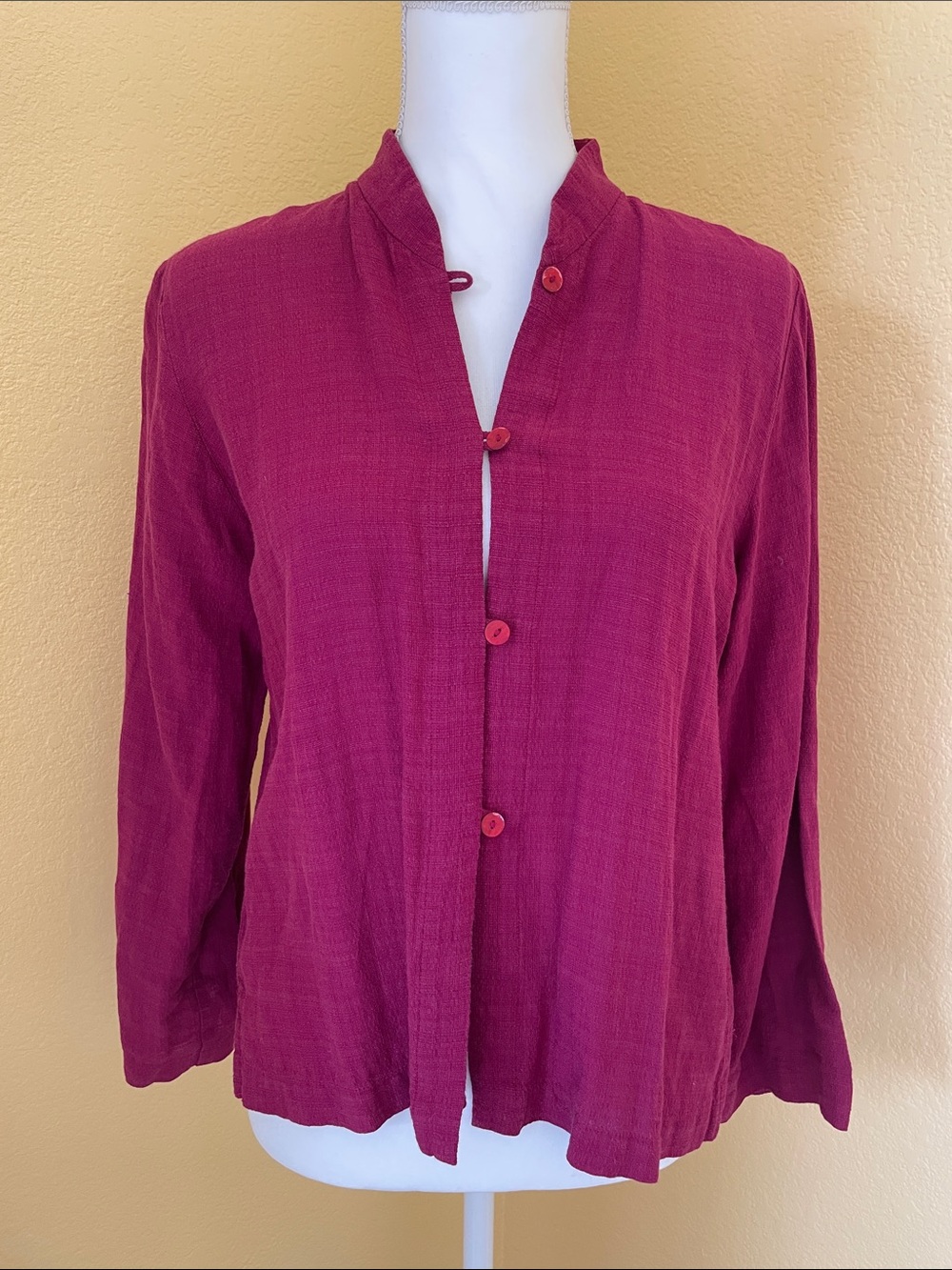 NWOT-Eileen Fisher Raspberry Mandarin Collar Button-Front Top- Linen -XS